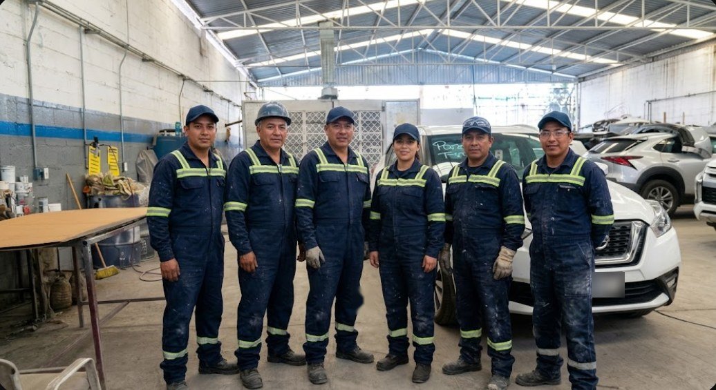 Equipo de técnicos de Taller RAI con uniforme azul en la nave